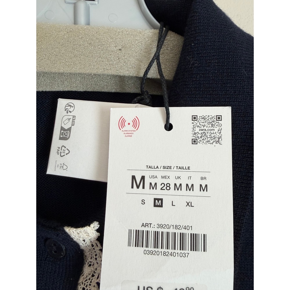 Zara Knit Button Down Sweater Womens Medium Navy Lace Trim Short Sleeve Polo - Picture 6 of 9